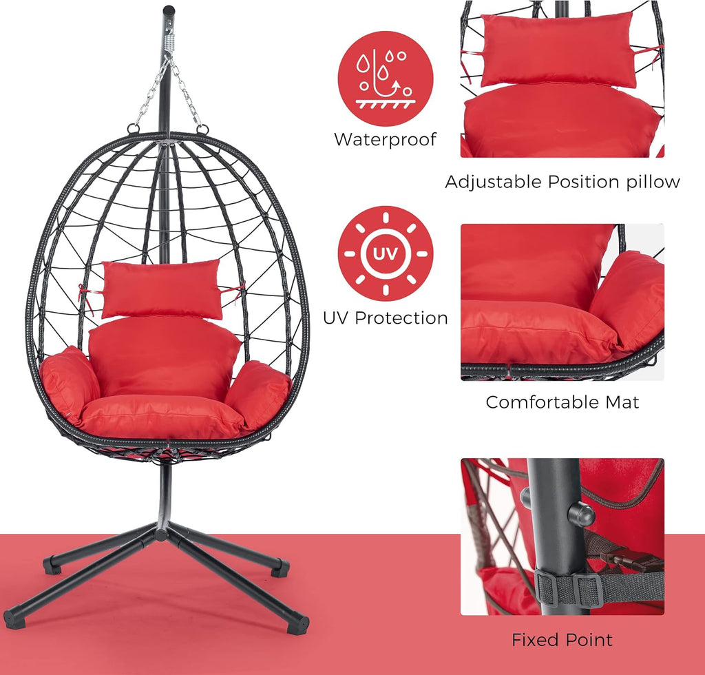 ZSQ Hanging Egg Chair with Stand, Indoor Outdoor Wicker Patio Swing Chair, All-Weather with Cushion (Red)