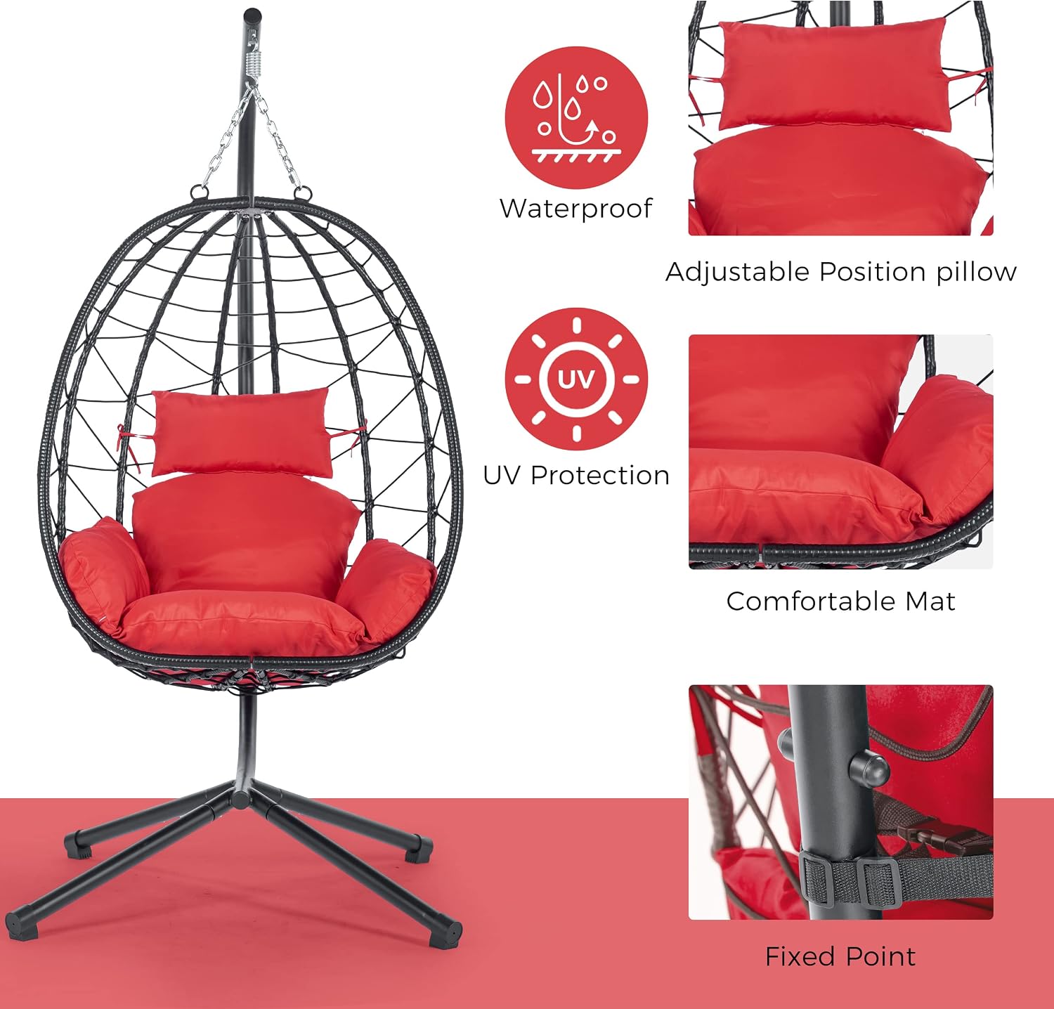 ZSQ Hanging Egg Chair with Stand, Indoor Outdoor Wicker Patio Swing Chair, All-Weather with Cushion (Red)