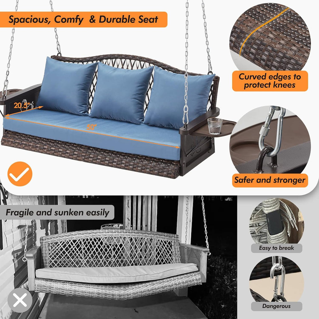 ZZW Upgraded Wicker Hanging Porch Swing Heavy Duty 900 LBS 3-Seat Outdoor Patio Swing Chair Bench for Adult w/ 8.9ft Hanging Chains Cushions and Cup Holder