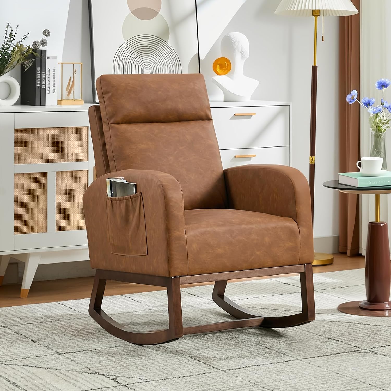 Glider Chair, Modern Rocking Chair, Nursery Faux Leather Glider Chair with Rubber Wood Legs and Side Pocket, Rocking Accent Armchair for Living Room