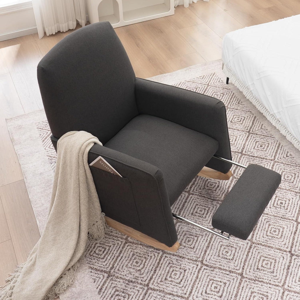 FOXHUNTER Rocking Chair Nursery with Adjustable Footrest and High Backrest, Upholstered Glider Chairs with Side Pockets for Nursery, Rocker Armchair Indoor for Living Room, Dark Gray