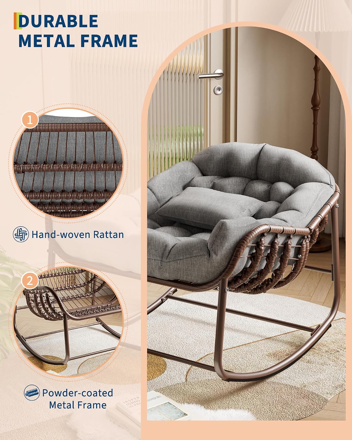 GarveeLife Outdoor Papasan Rocking Chair, Oversized Wicker Lounge Chair with Cushion and Metal Frame, Patio Rattan Egg Rocker for Balcony Backyard Porch Bedroom, Grey