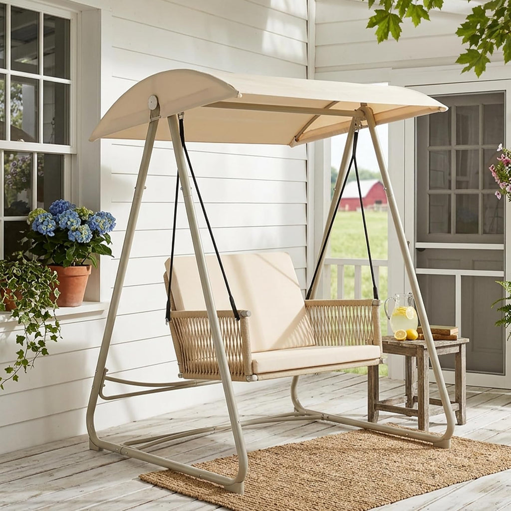 Porch Swing with Stand, Outdoor Swing with Canopy, All Weather Outdoor Swings for Adults, 400lbs Heavy Duty Porch Swings with Removable Cushions, Single Hanging Chair for Small Space, Beige