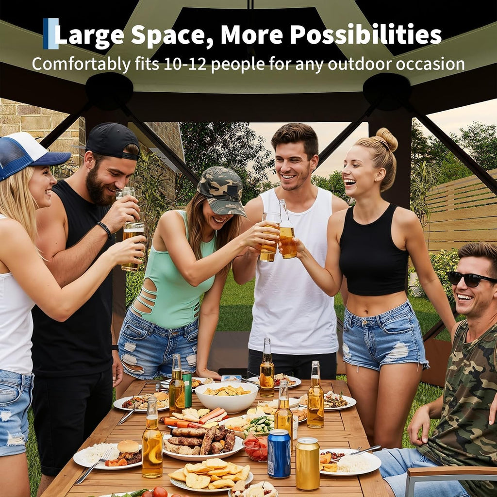 GarveeLife 11.5x11.5FT 6-Sided Pop Up Gazebo Tent，One-Push Setup Canopy Tent with Mesh Panels & Removable Wind Cloths, Outdoor shelter for Camping, Backyard Parties, Outdoor Events - Beige & Khaki