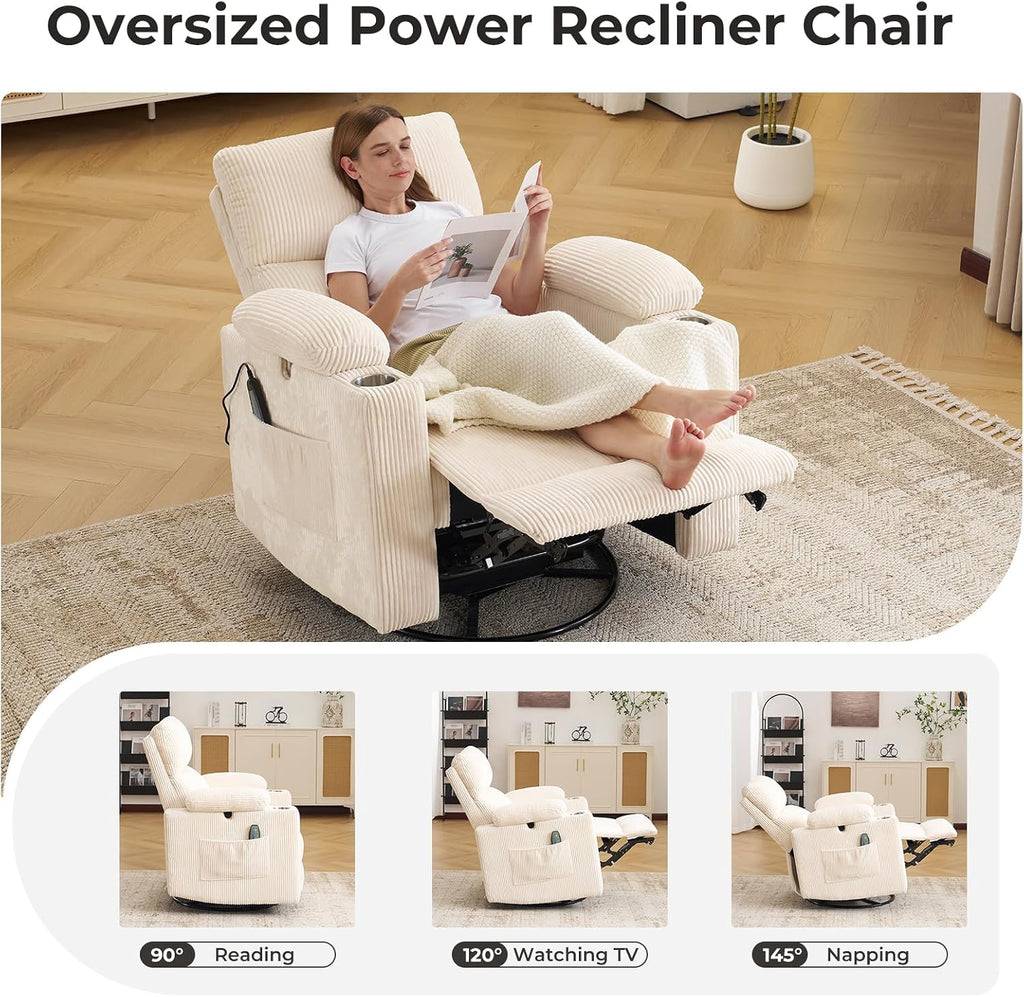 Rocking Chair Nursery with Adjustable Armrests, Electric Glider Recliner Nursing Chair for Breastfeeding with Ottoman, Power Swivel Recliner Chairs with Massage and Heat, Corduroy Beige