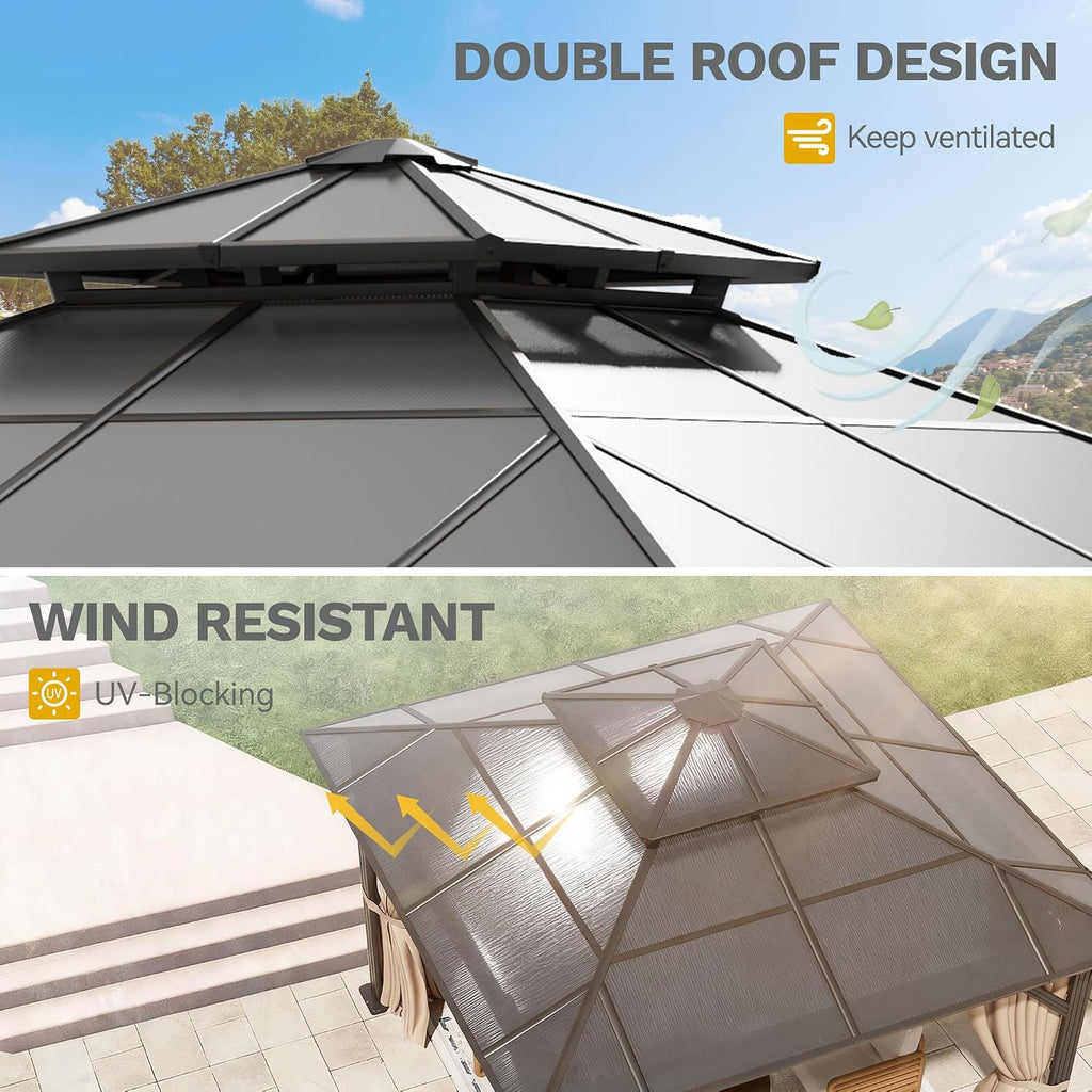 DWVO 10x10ft Gazebo Hardtop Double Roof Polycarbonate Canopy Outdoor with Netting and Shaded Curtains, Metal Frame Garden Tent for Patio, Backyard, Deck and Lawns, Gray