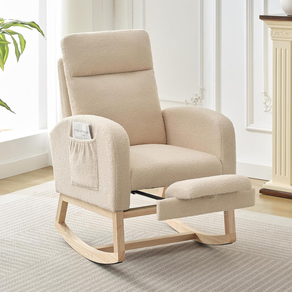 Rocking Chair Nursery Chairs with Foot Rest, Recliner Armchair with High Backrest& Wood Legs and Side Pocket for Living Room,Bedroom,Beige