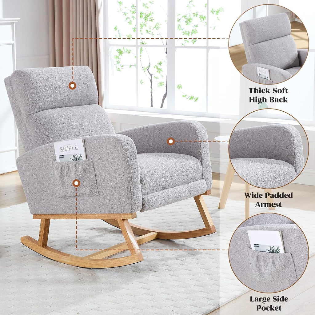 HCHAIRH Rocking Chair Nursery with Foot Rest, Teddy Nursing Rocking Chairs for Mom Nursery, Rocker Glider Chair with Footrest for Living Room, Bedroom, Light Gray