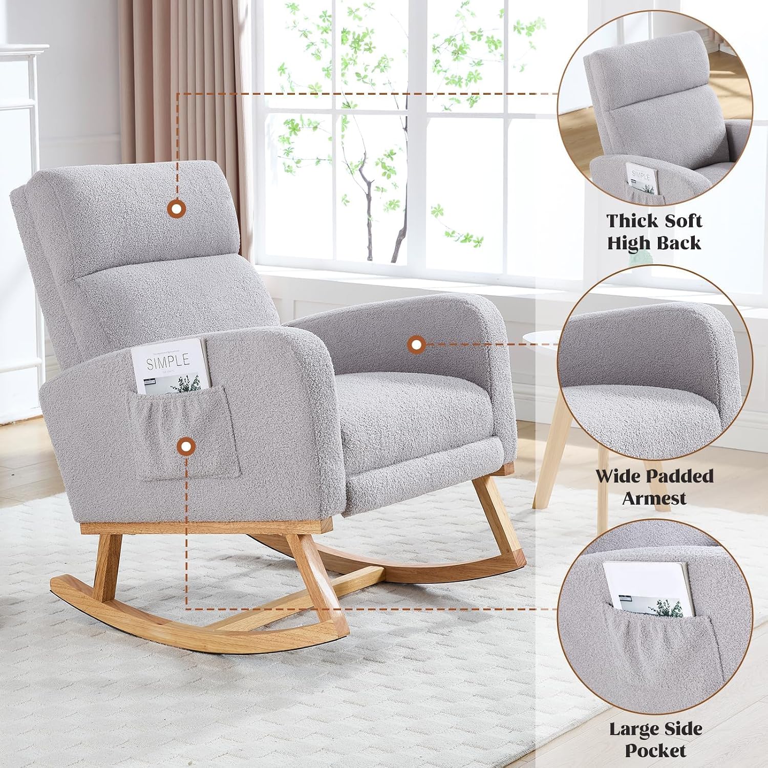 HCHAIRH Rocking Chair Nursery with Foot Rest, Teddy Nursing Rocking Chairs for Mom Nursery, Rocker Glider Chair with Footrest for Living Room, Bedroom, Light Gray