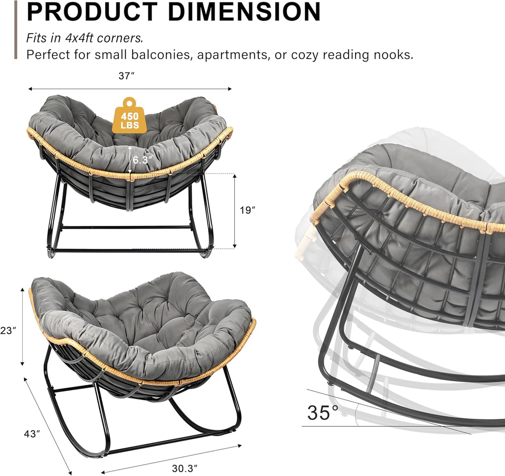 Outdoor Egg Rocking Chair, Indoor Papasan Rocking Chair with Thick Cushion, Modern Lounge Rocker for Balcony, Living Room, Bedroom, Porch, Lawn, Garden (Gray)
