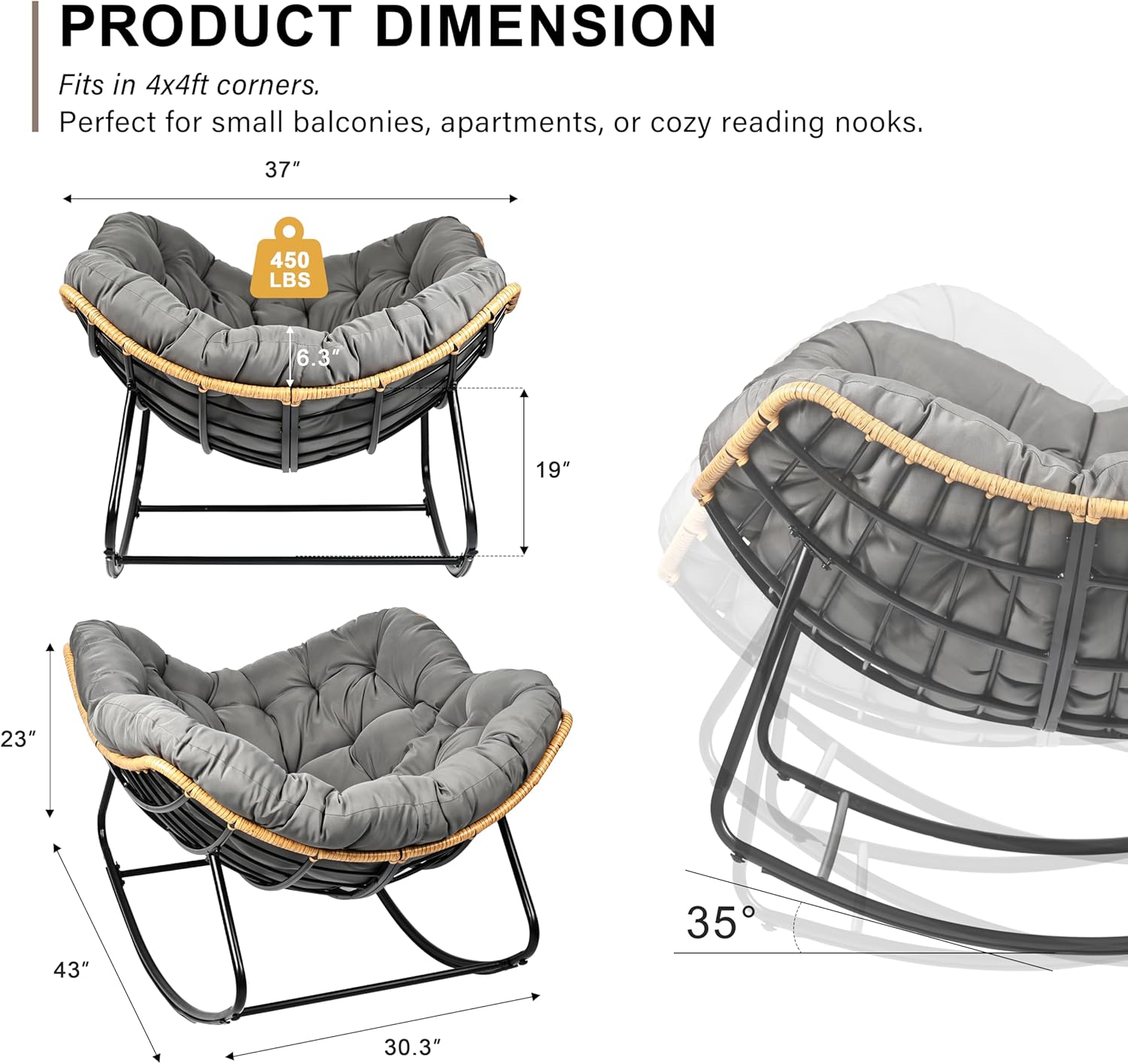 Outdoor Egg Rocking Chair, Indoor Papasan Rocking Chair with Thick Cushion, Modern Lounge Rocker for Balcony, Living Room, Bedroom, Porch, Lawn, Garden (Gray)