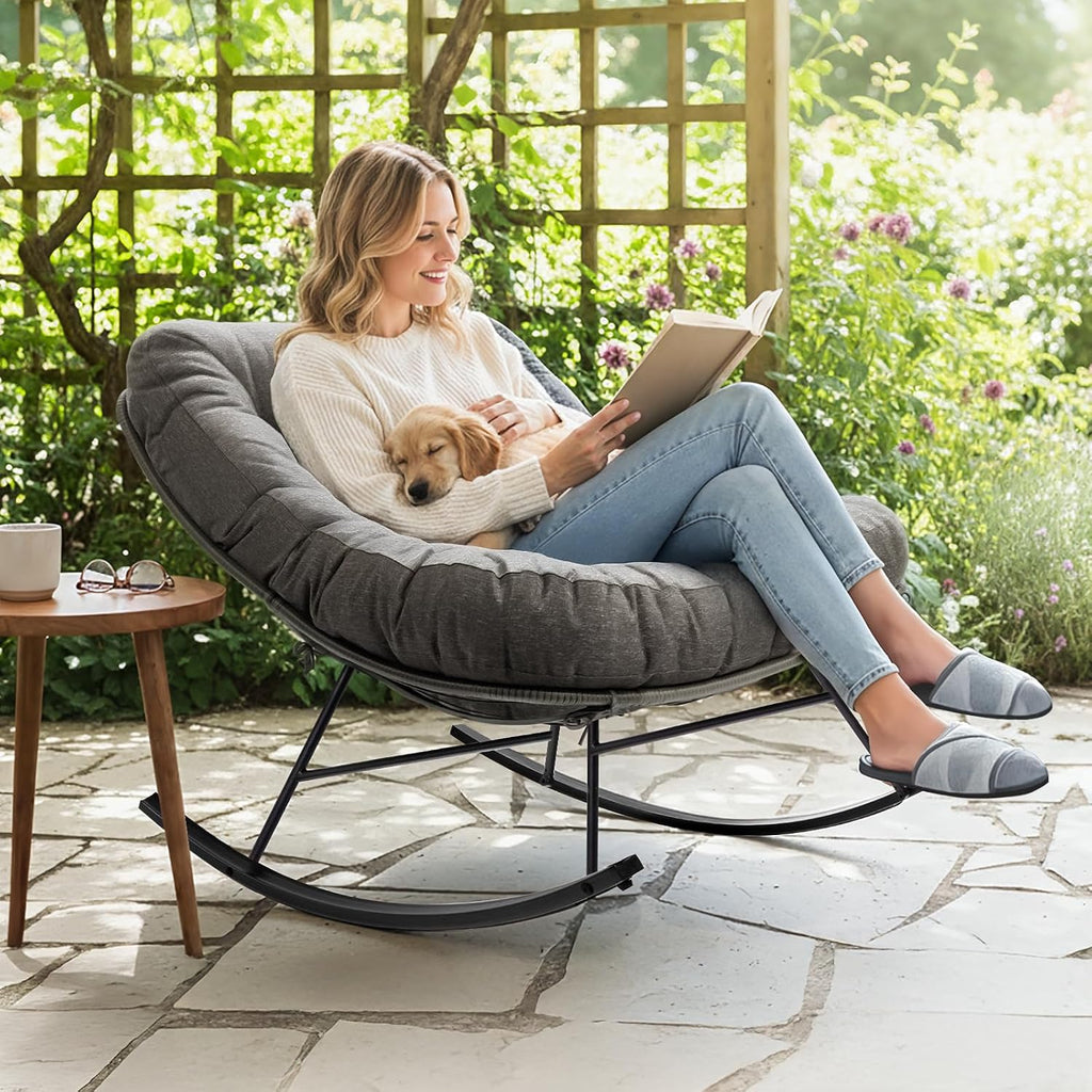 Bme Patio Rocking Chair Outdoor and Indoor, Modern Metal Lounge Rocker with Thick 7'' Cushion, 400lbs Capacity, Ergonomic Design, Easy Assembly, Grey Cushion - Black Matte Rocker