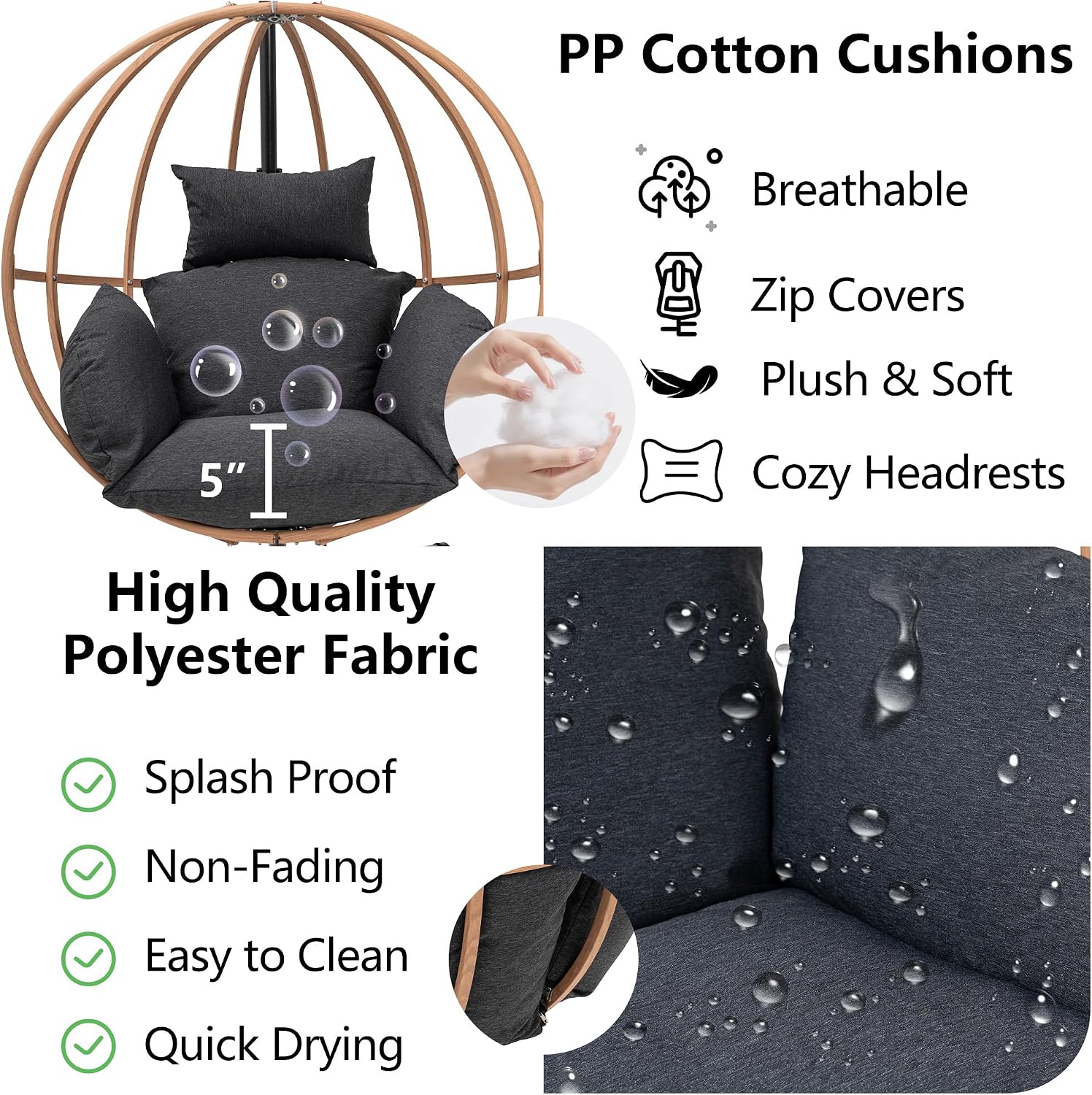 Egg Chairs Outdoor, Metal Hanging Egg Chair with Cushions, Heavy Duty 400LBS Imitation Wicker Egg Swing Chair with Stand, 80' H Hanging Chairs Cozy Basket Seat for Bedroom/Balcony, Charcoal
