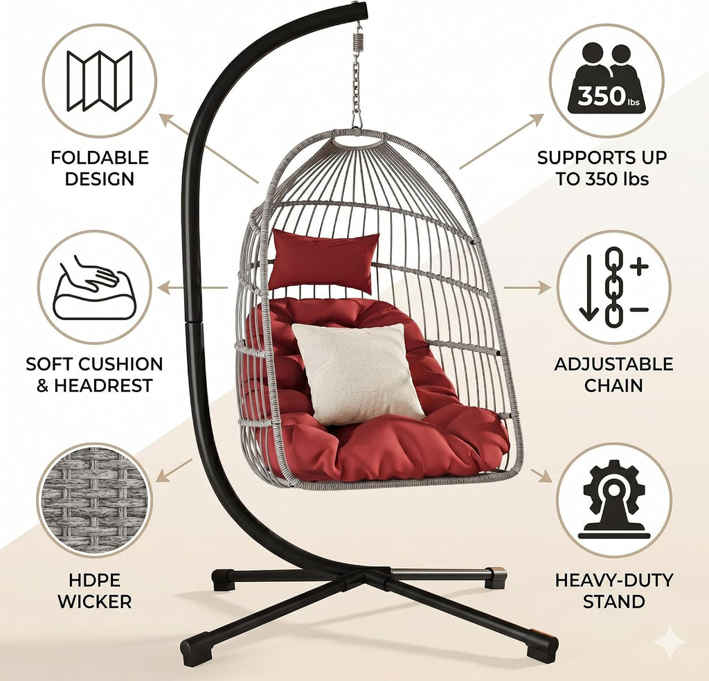 Foldable Hanging Egg Chair with Stand, HDPE Rattan and Heavy Duty Aluminum-Steel Frame, Outdoor Patio Wicker Swing Egg Chair with Headrest and Cushion, 350 Lbs Capacity, Red