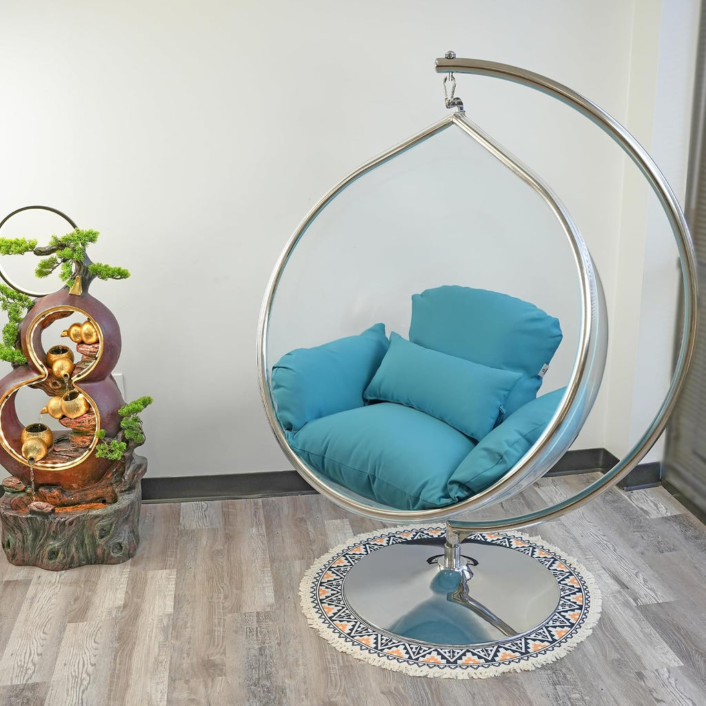 Hanging Chair - Transparent Acrylic Bubble, Waterdrop Shape, Indoor Swing Chair with Gold/Chrome Stand, Durable Fabric Cushion - Luxury Accent for Living Room, Bedroom (Chrome/Blue)