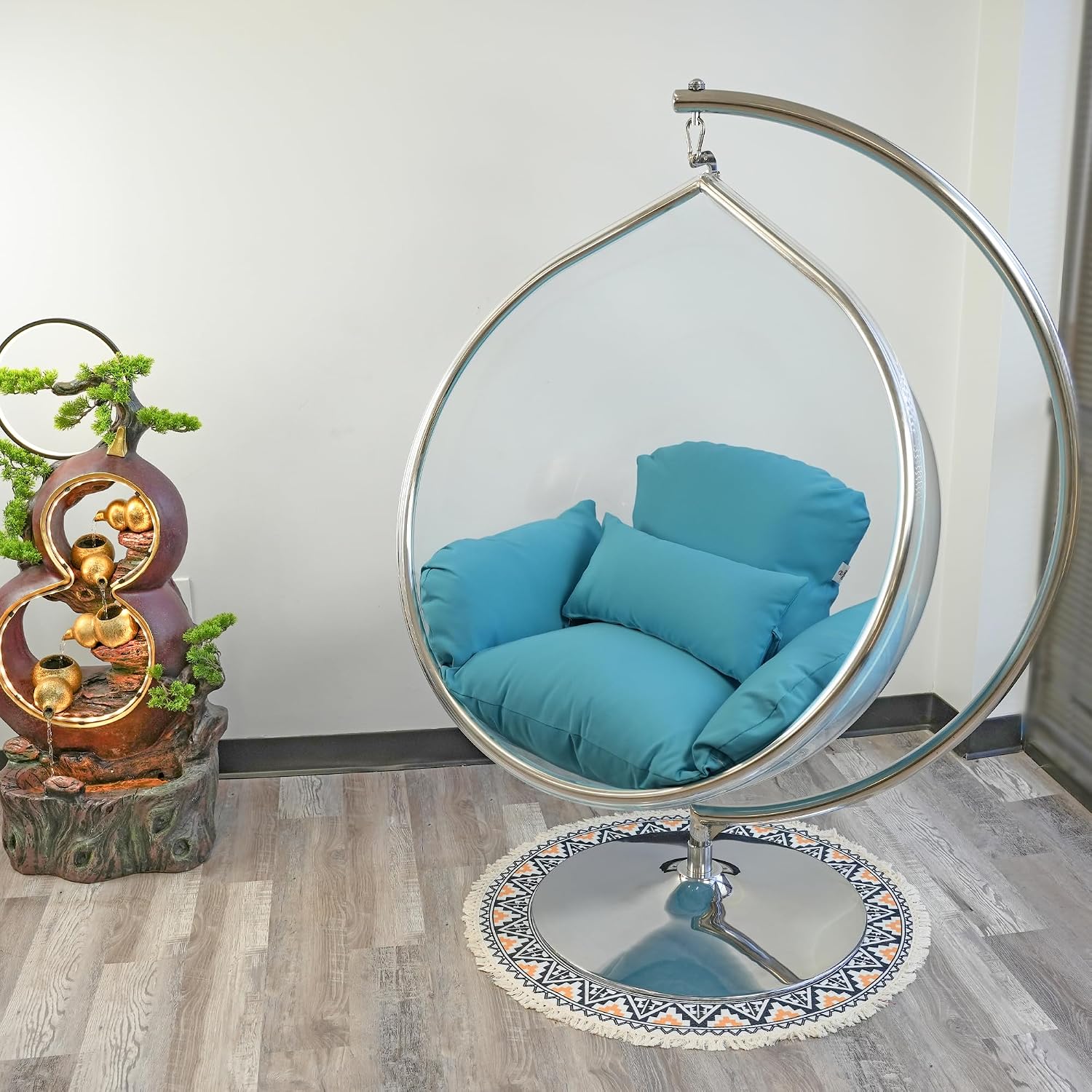Hanging Chair - Transparent Acrylic Bubble, Waterdrop Shape, Indoor Swing Chair with Gold/Chrome Stand, Durable Fabric Cushion - Luxury Accent for Living Room, Bedroom (Chrome/Blue)