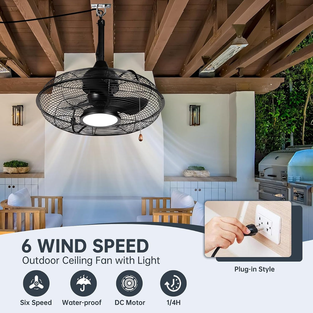 OFANTOP 20' Plug in Ceiling Fan for Outdoor Gazebo, Wet Rated Patio Fan with Remote & Dimmable LED Light, 6 Speeds Hanging Fan for Pergola Porch, Black