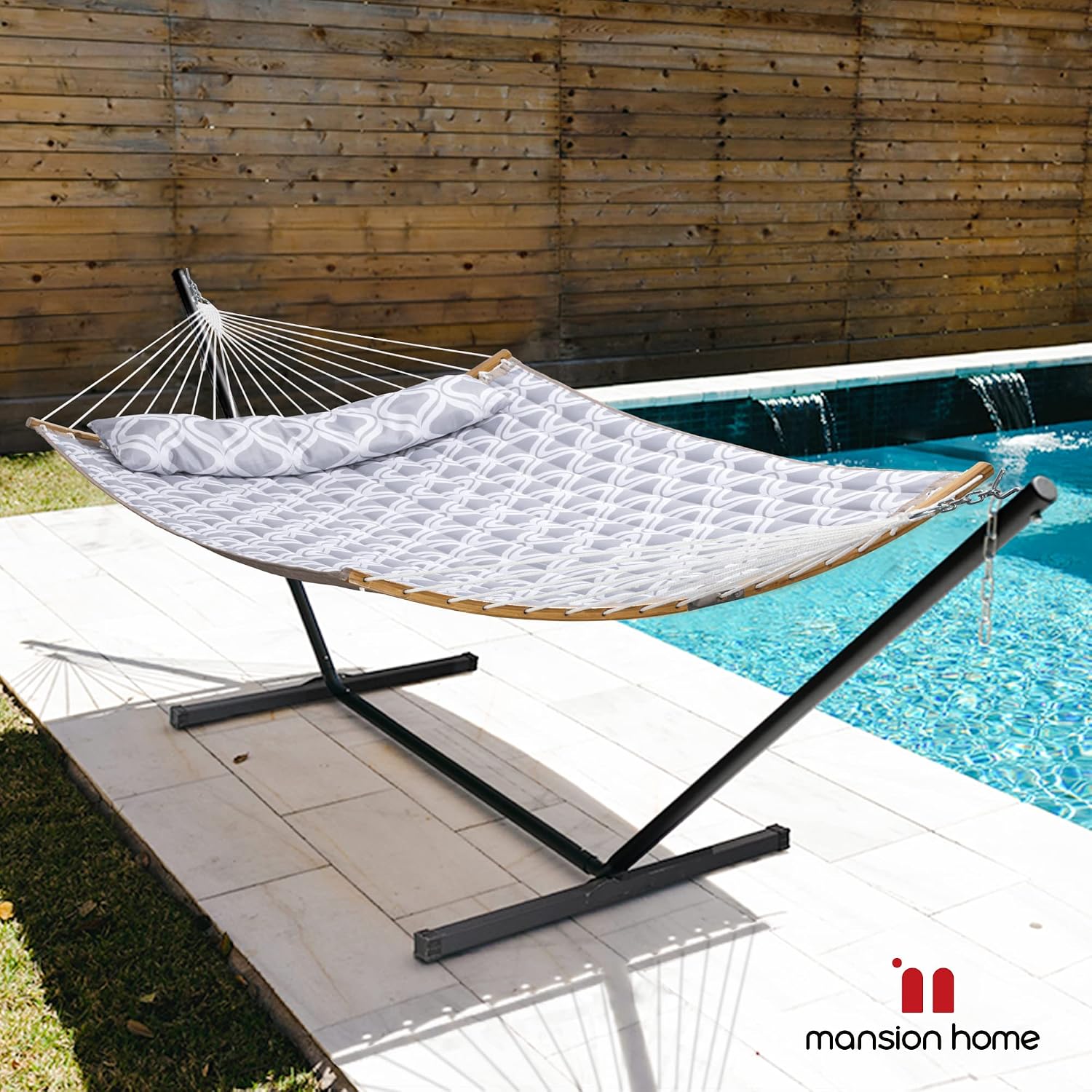 Large Hammock with 12FT Steel Stand, Freestanding Hammock with Curved Spreader Bar, Pillow and Portable Bag for Outside, Gray Ripples