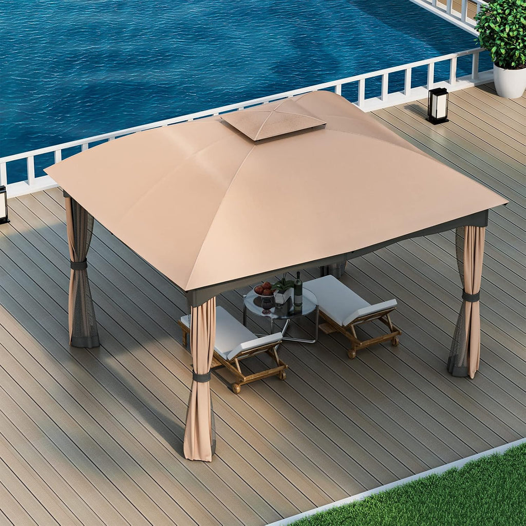 Tangkula 10x12 Ft Patio Gazebo, Double Vented Gazebo with Zippered Privacy Curtains, Mesh Screen Netting, Outdoor Steel Gazebo for Deck, Garden, Yard, Poolside (Brown)