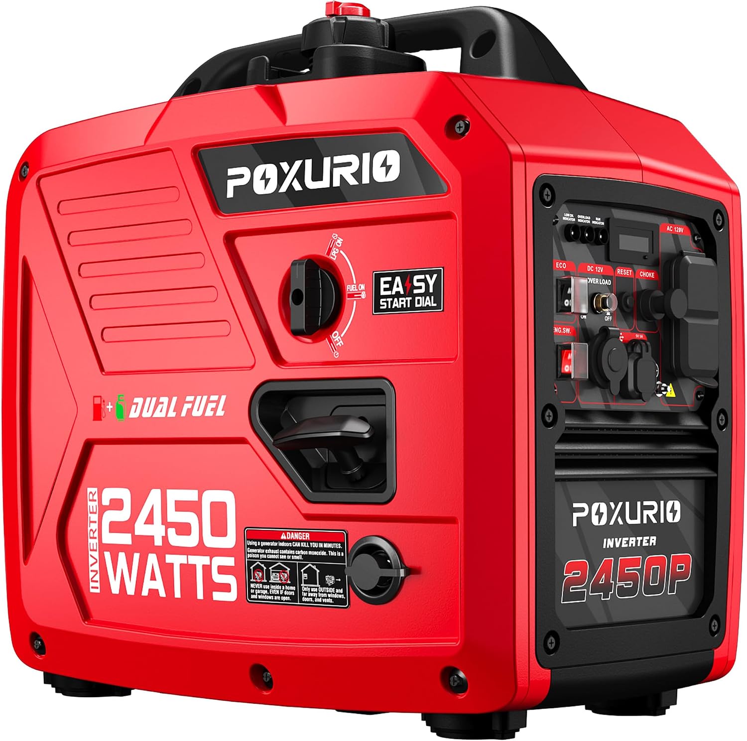 2450-Watt Dual Fuel Inverter Generator for Home Use, 1.6Gallon Large Fuel Tank Up to 8.3 Hours Use, 120V Gas Powered Generator Super Quiet - EPA Compliant, Red