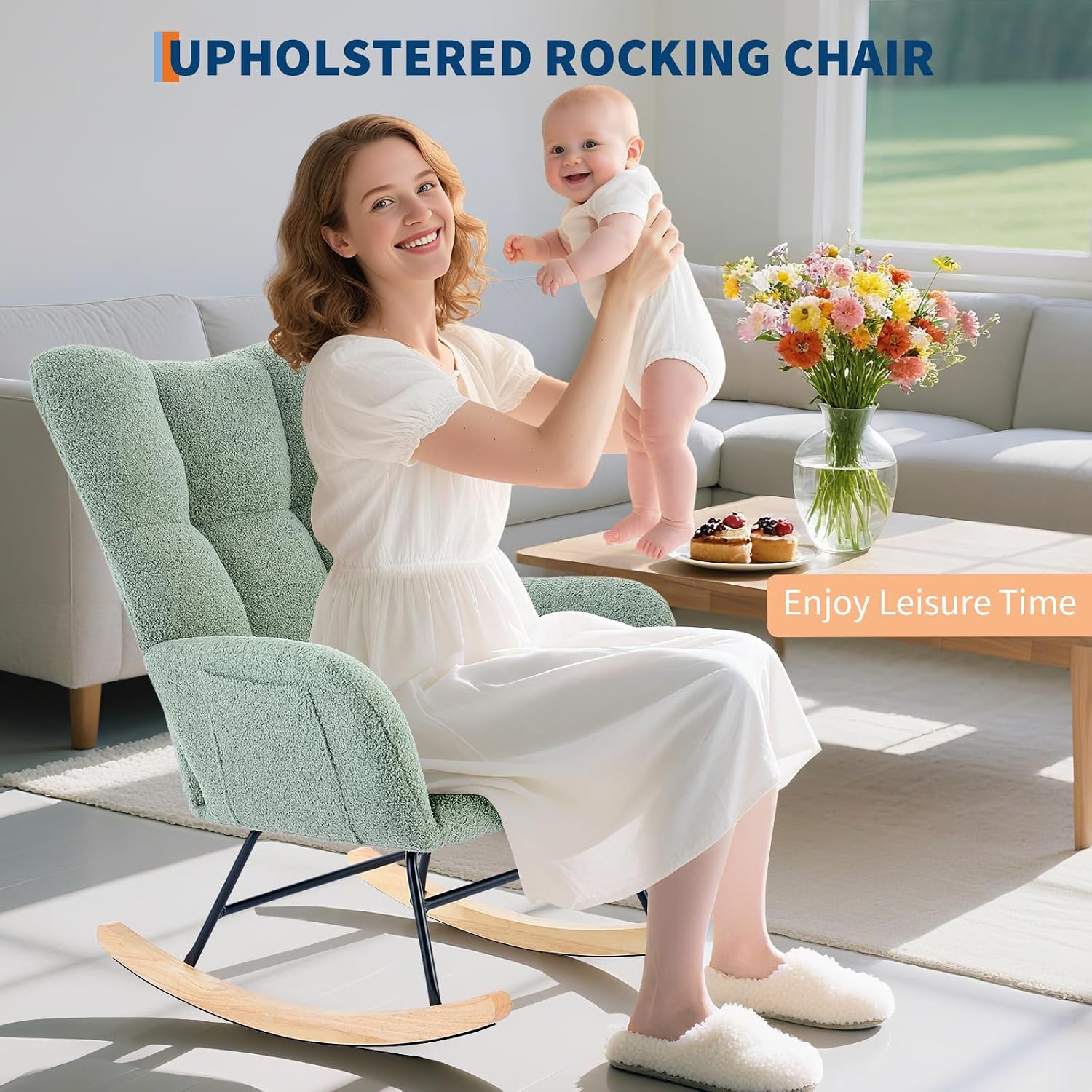 Nursery Rocking Chair,300Lb Glider Chair with Wood Legs/Two Side Pockets,Teddy Upholstered Glider Rocker with Padded Seat High Backrest for Living Room/Bedroom/Nursery
