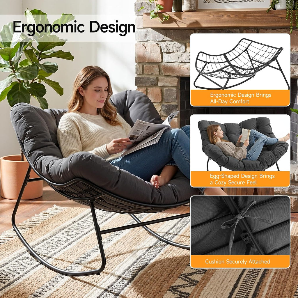 Papasan Rocking Chair Indoor, Oversized Rocking Chair with Thickened Cushion, 450 lbs Comfy Egg Chair Indoor, Lounge Reading Glider Chair for Bedroom, Dark Gray