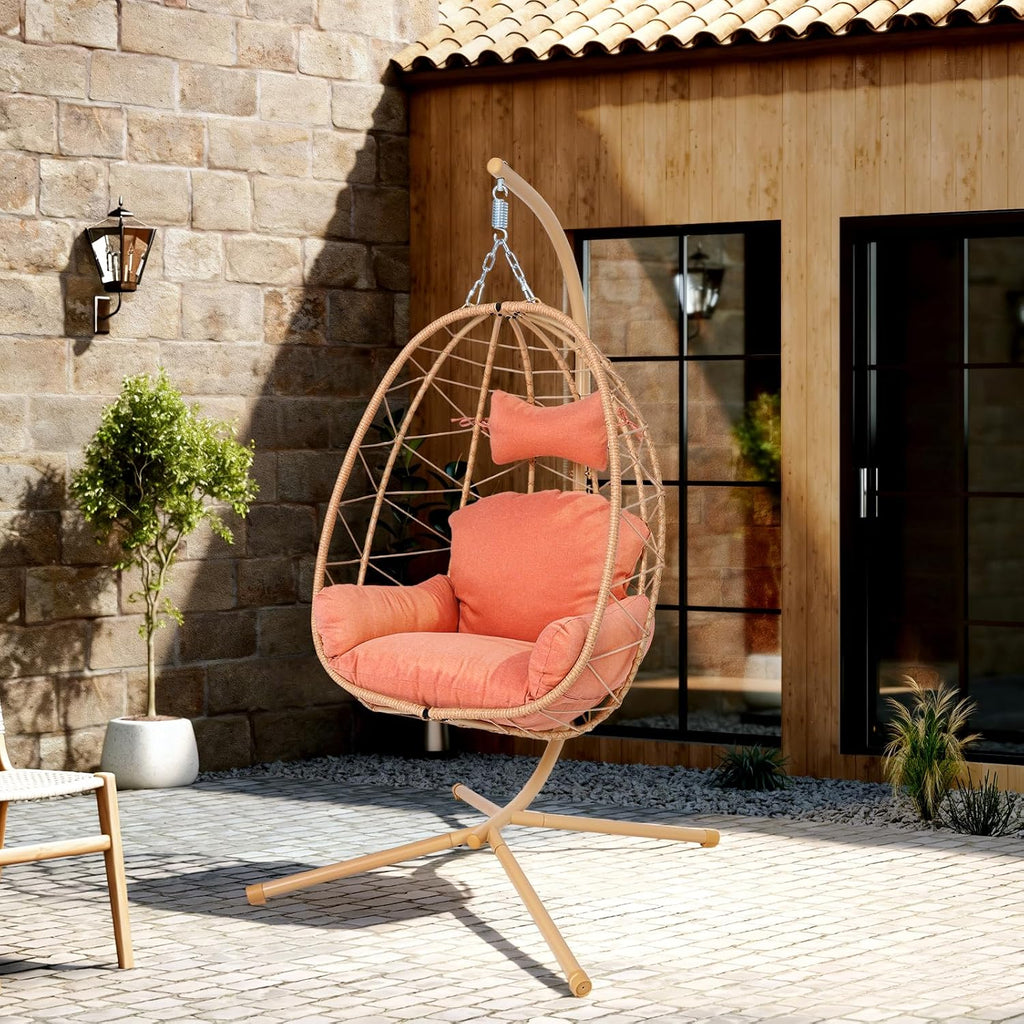 Egg Chair with Stand, Wicker Hanging Chair for Outdoor Patio, Cushioned Hammock Swing for Bedroom Garden Indoor/Outdoor, Double-Zipper Structure Hanging Egg Chair (Yellow and Orange-red)