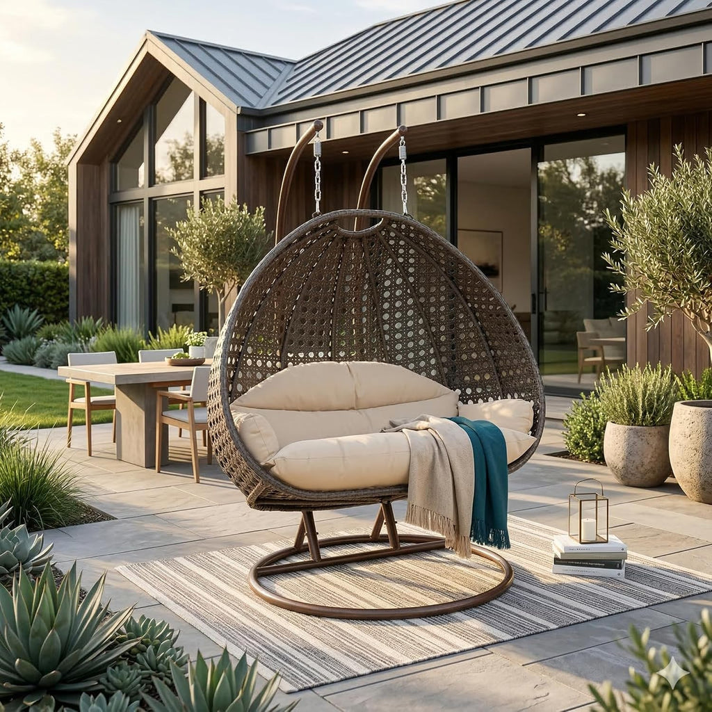 LeisureMod 2-Person Wicker Egg Chair, Hanging Swing Chair for Indoor & Outdoor Use with Cushions, Beige Steel Stand, UV-Resistant, Hammock Lounge Seat for Patio, Porch, or Bedroom (Cream)