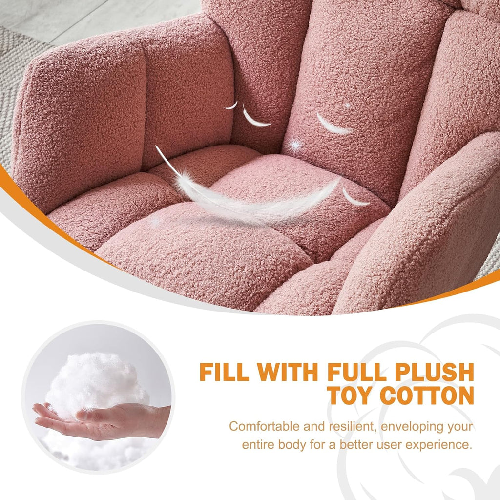 Rocking Chair Nursery, High Backrest Teddy Glider Rocker Upholstered Rocker Recliner Modern Rocking Accent Chairs for Bedroom, Living Room, Offices (Pink)
