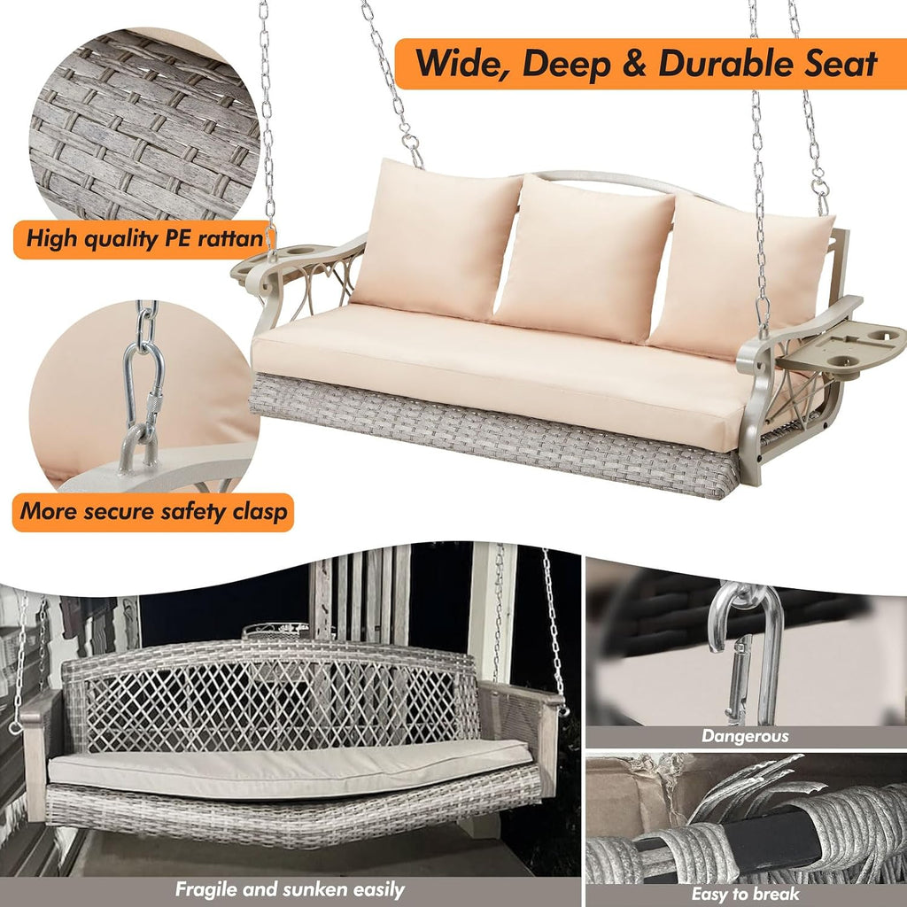 ZZW 3-Person Wicker Porch Swing Chair Heavy Duty 900 LBS Outdoor Rattan Patio Swing Chair w/Cup-Holder & Steel Chains Hanging Bench Porch Swing Cushions for Deck & Backyard & Garden
