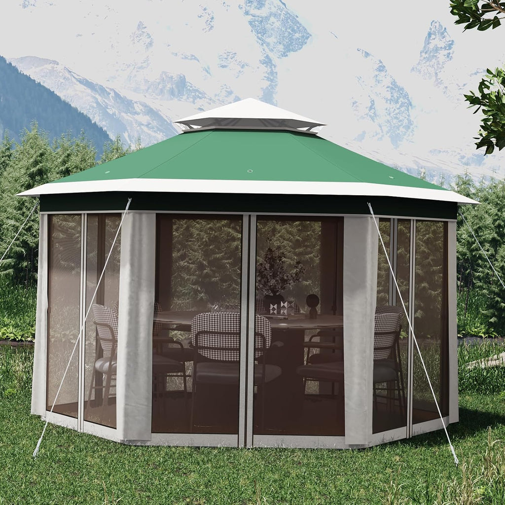 13' x 13' Pop-Up Gazebo Canopy Tent with Zippered Mesh Sidewalls and Carrying Bag, Event Tent Shelter for Patio Garden Backyard, Green and Beige