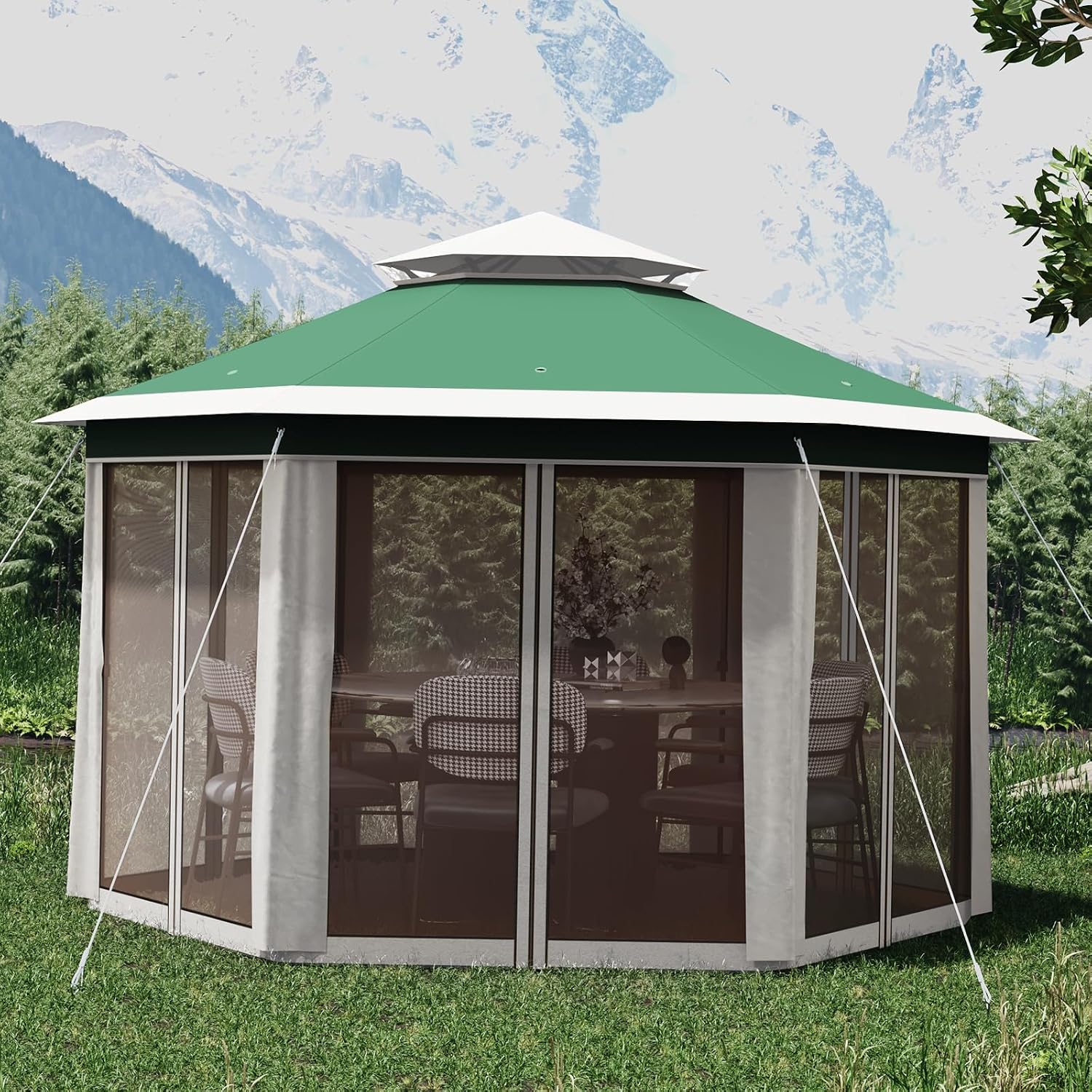 13' x 13' Pop-Up Gazebo Canopy Tent with Zippered Mesh Sidewalls and Carrying Bag, Event Tent Shelter for Patio Garden Backyard, Green and Beige