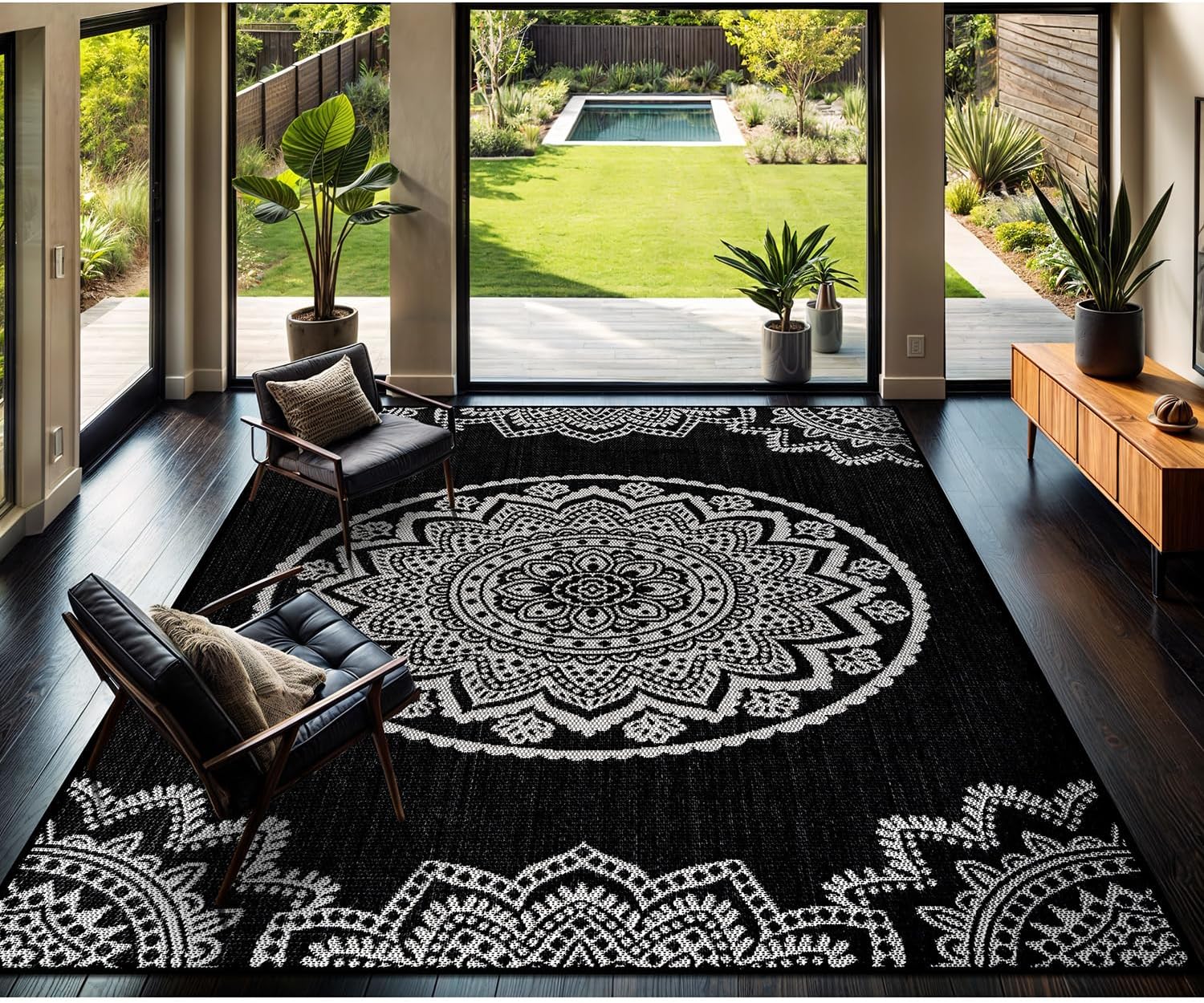 CAMILSON Outdoor Rug 9x12 Modern Large Area Rugs for Indoor and Outdoor Patios and Porches - Waterproof Washable Non-Shedding Easy-to-Clean Outside Carpet (9 x 12 Medallion - Black/White)
