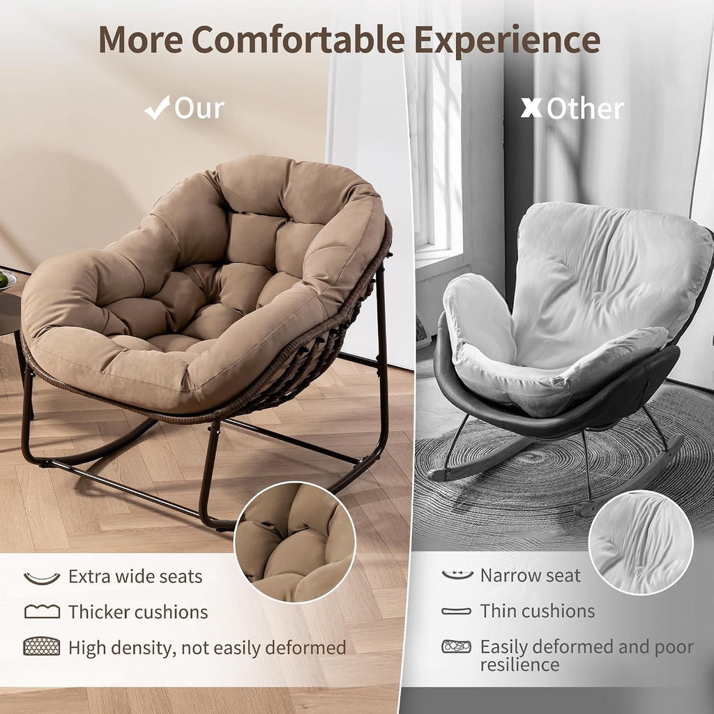 HOMEFUN Outdoor Patio Rocking Chairs, Oversized Papasan Rock Chair Indoor with Padded Cushion - Rocker Egg for Front Porch, Garden, Backyard Khaki