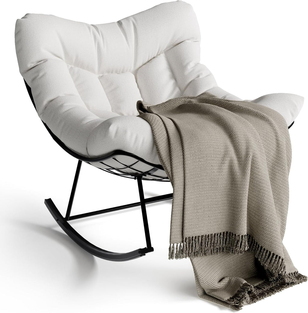 GarveeLife Outdoor Papasan Rocking Chair, Oversized Rocking Chair with Sturdy Metal Frame, Patio Egg Rocker for Balcony Backyard Porch Bedroom, White