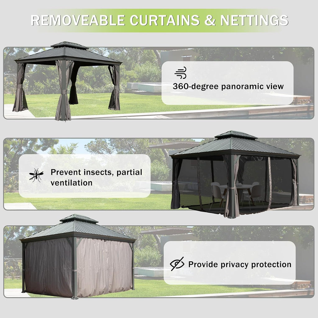 Domi 10x12FT Outdoor Gazebo, Hardtop Gazebo with Galvanized Steel Double Roof, Metal Gazebos with Drainage System Patio Pergola for Patio Deck Backyard,Curtain and Netting,Gray
