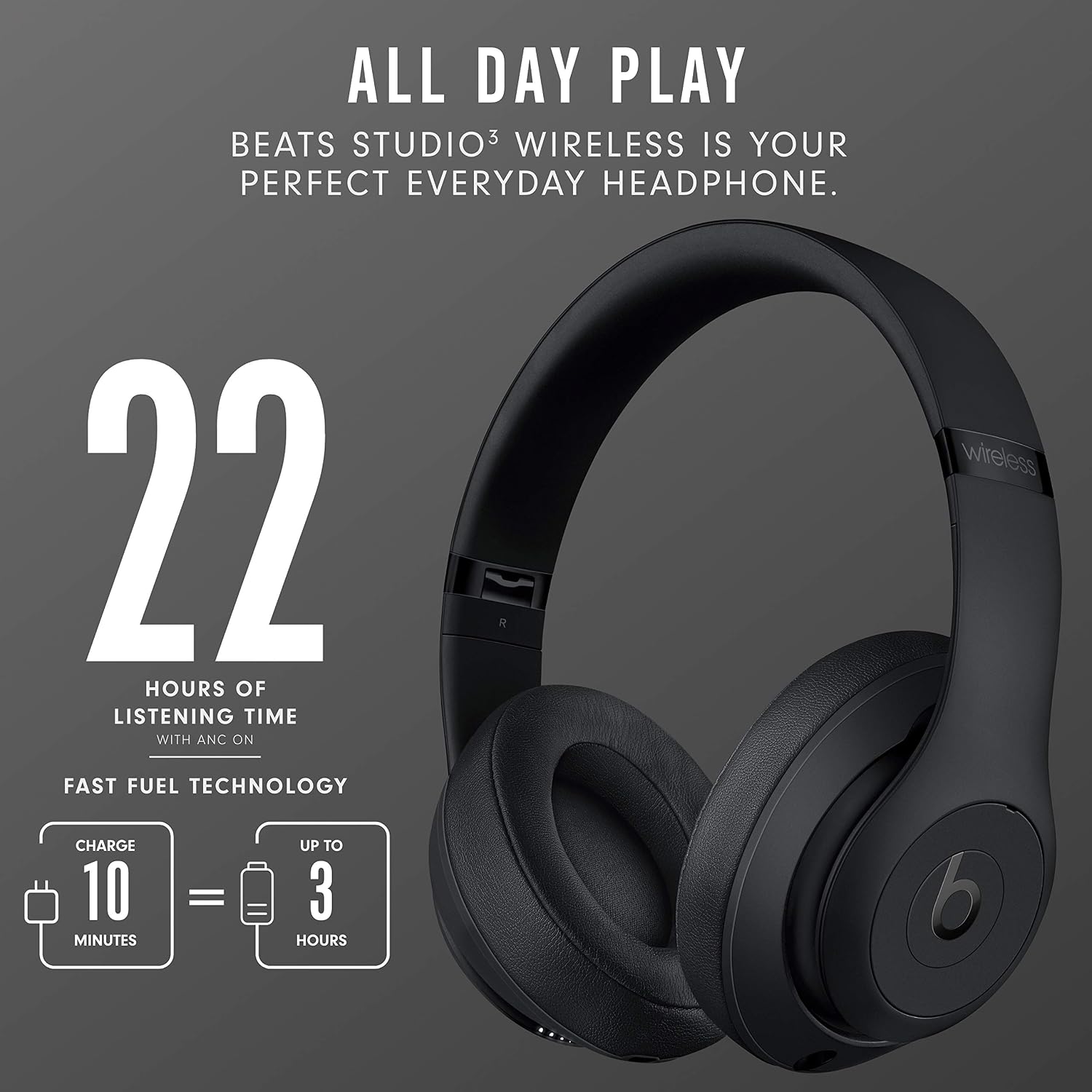Beats Studio3 Wireless Noise Cancelling Over-Ear Headphones - Apple W1 Headphone Chip, Class 1 Bluetooth, 22 Hours of Listening Time, Built-in Microphone - Matte Black