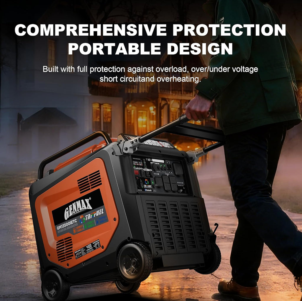 GENMAX 13500W Tri-Fuel Inverter Generator（2026 Model ）— 50A Outlet,ATS 2-Wire Auto-Start,Bluetooth&CO Sensor,550cc Quiet Engine, Built-in LED Light—CARB Compliant,Ideal for Home Backup,RV & Camping