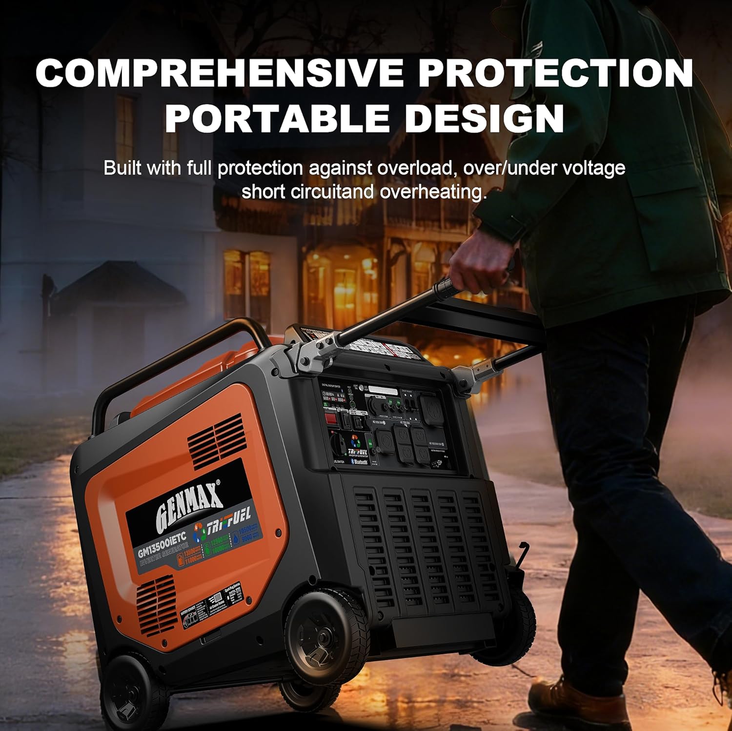 GENMAX 13500W Tri-Fuel Inverter Generator（2026 Model ）— 50A Outlet,ATS 2-Wire Auto-Start,Bluetooth&CO Sensor,550cc Quiet Engine, Built-in LED Light—CARB Compliant,Ideal for Home Backup,RV & Camping