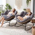 RADIATA 2 PCS Indoor Outdoor Papasan Rocking Chair Set, Oversized Patio Lounge Chair with Cushion, All Weather Wicker Comfy Loveseat Recliner, 450 lbs Capacity for Balcony Porch Garden livingroom grey