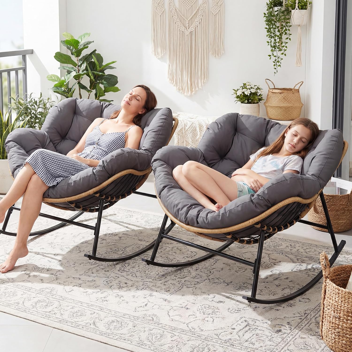 RADIATA 2 PCS Indoor Outdoor Papasan Rocking Chair Set, Oversized Patio Lounge Chair with Cushion, All Weather Wicker Comfy Loveseat Recliner, 450 lbs Capacity for Balcony Porch Garden livingroom grey