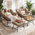 RADIATA 2 PCS Rocking Egg Chair with Ottomans & Cushion, Indoor Outdoor Oversized Lounge Chair, PE Wicker Double Papasan Rocker with Footrests, 450 lbs Weight Capacity for Patio Porch Bedroom Brown