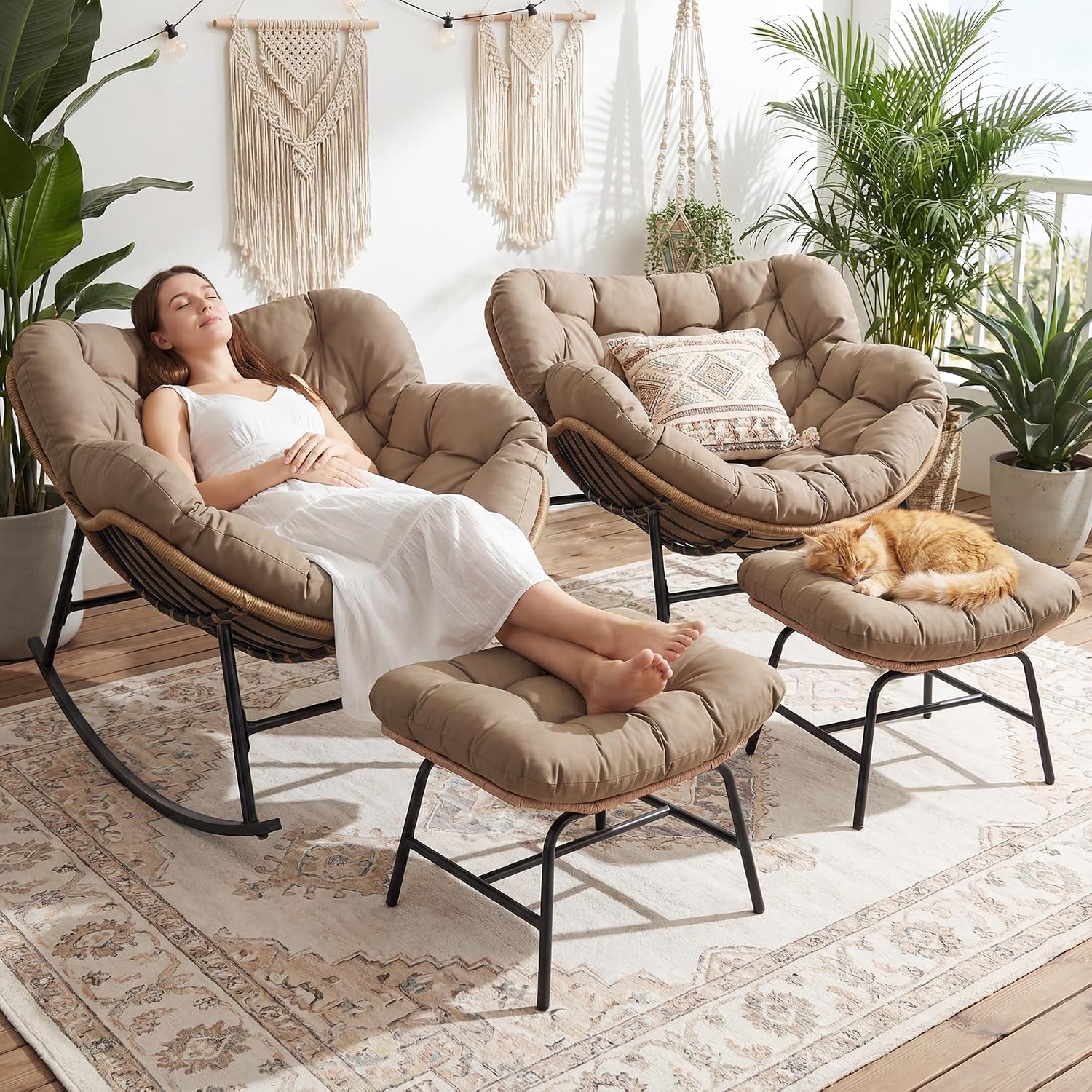 RADIATA 2 PCS Rocking Egg Chair with Ottomans & Cushion, Indoor Outdoor Oversized Lounge Chair, PE Wicker Double Papasan Rocker with Footrests, 450 lbs Weight Capacity for Patio Porch Bedroom Brown