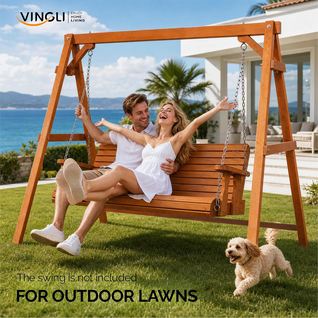 VINGLI 6.9FT Porch Swing Frame, 660 LBS Heavy Duty A-Frame Wooden Porch Swing Stand with Bottom Connection Bar for 5FT Porch Swing, Upgraded Wood Swing Hanger for Garden Patio (Brown, 6.9FT)