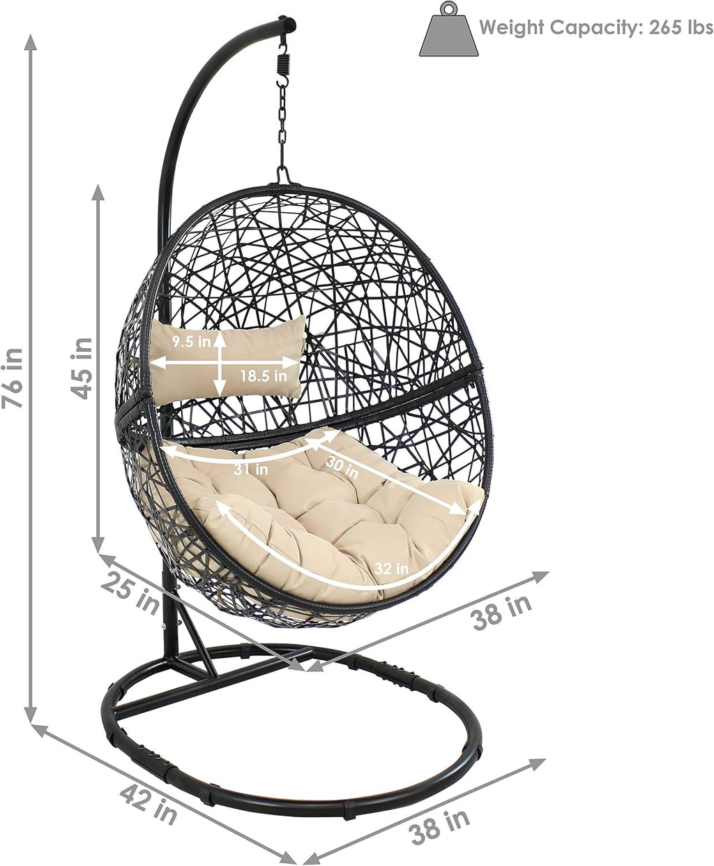 Sunnydaze Jackson Resin Wicker Hanging Egg Chair with Steel Stand - 265-Pound Weight Capacity - Includes Beige Cushions