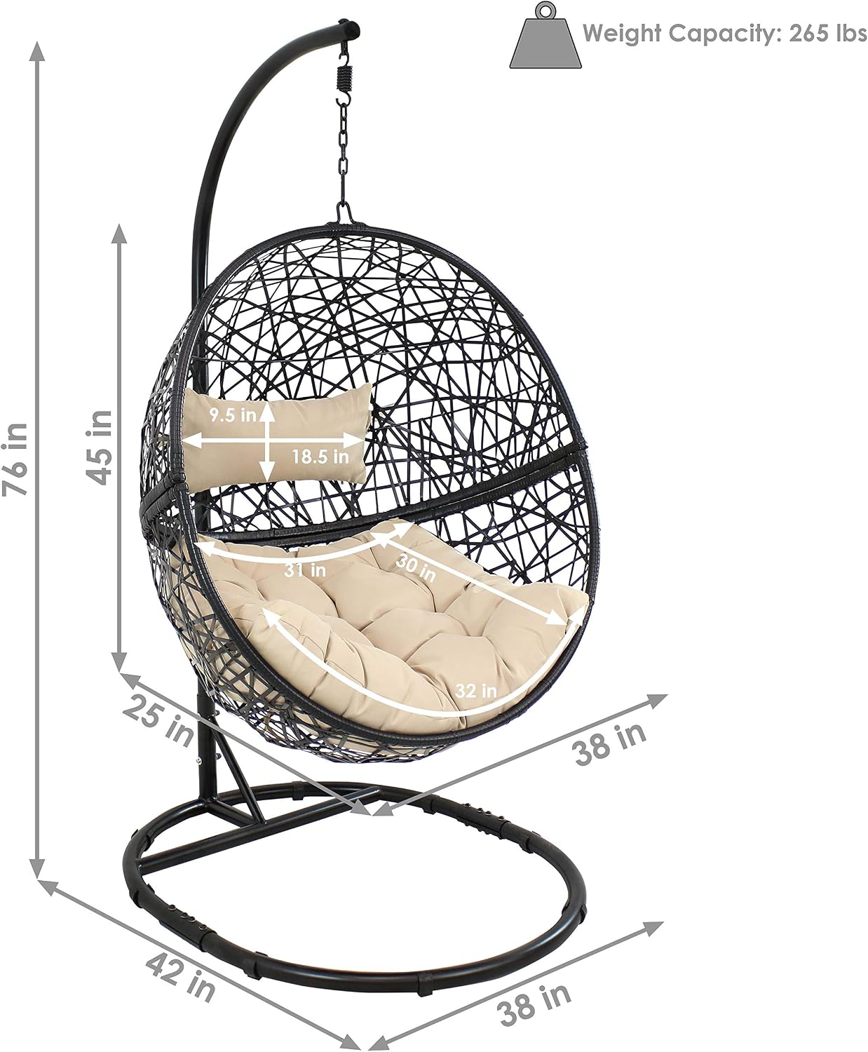 Sunnydaze Jackson Resin Wicker Hanging Egg Chair with Steel Stand - 265-Pound Weight Capacity - Includes Beige Cushions