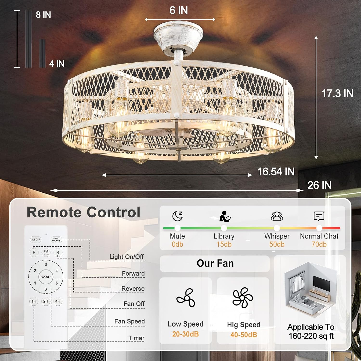 Depuley Outdoor Ceiling Fan with Light: 26' Caged Ceiling Fans with Remote Control for Patio Kitchen Bedroom - Farmhouse Fandelier Flush Mount Lights Fixture Reversible 6 Speed Timer Cement