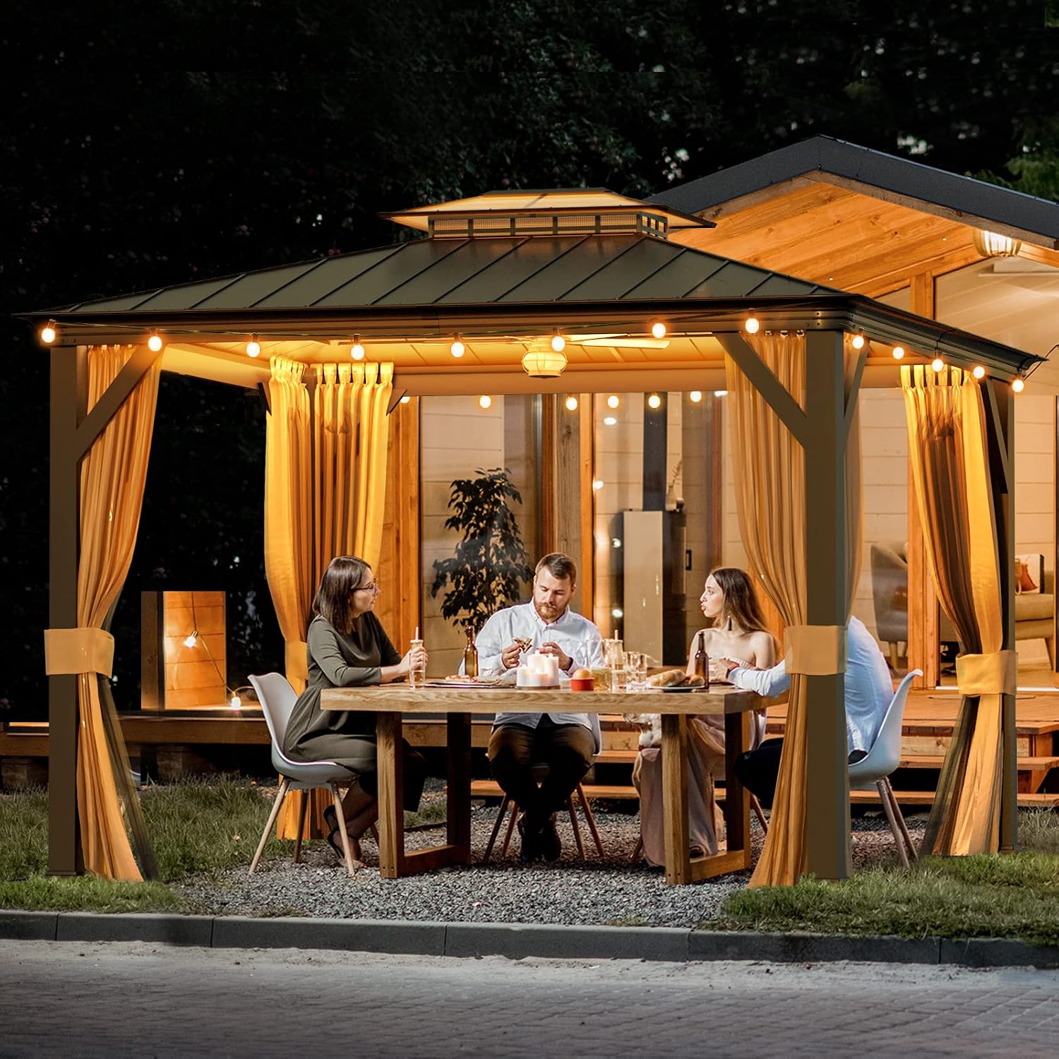 YOLENY 12'x10' Hardtop Gazebo, Outdoor Canopy Gazebos wtth Acrylic & Galvanized Steel Roof,Aluminum Frame with Curtains and Netting, Sunshade for Garden, Patio, Lawns Black