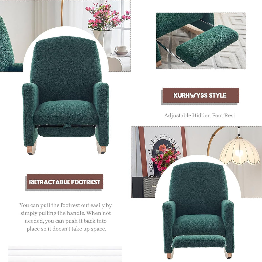 Modern Rocking Chair Nursery, Comfy Glider Nursery Chair with Foot Rest, Upholstered Rocker with Pocket, Accent Reading Armchair with Solid Wood Base for Living Room, Bedroom, Lounge Room (Green)