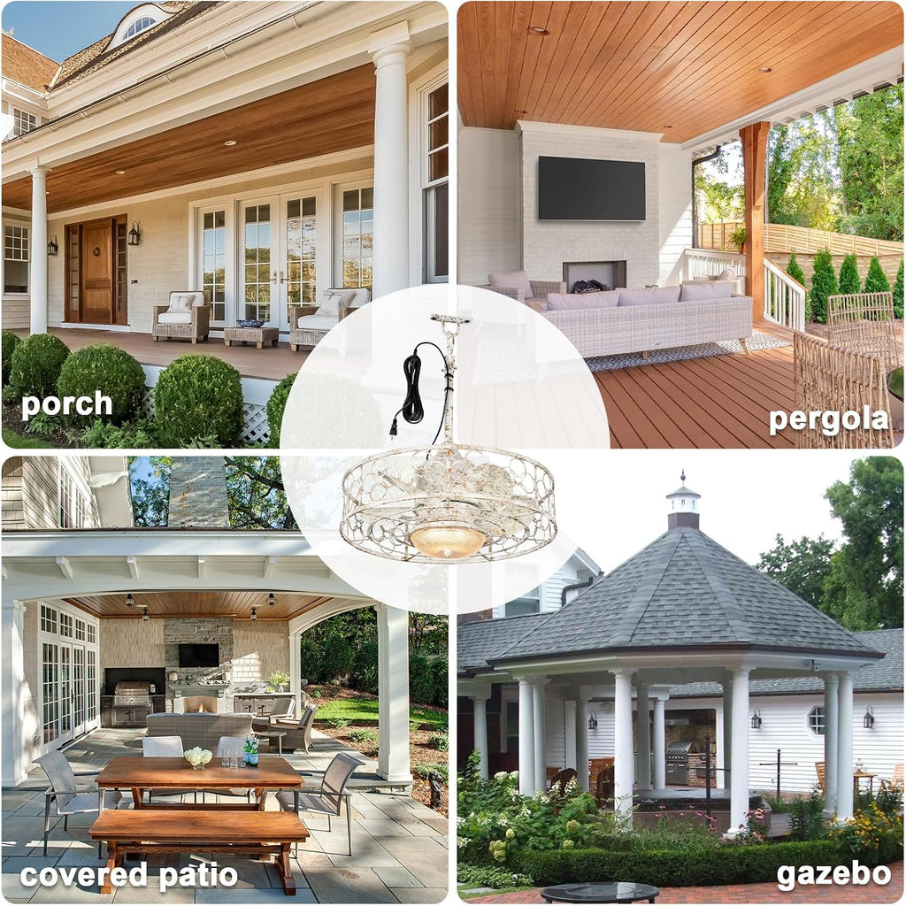 20' Outdoor Ceiling Fan with Light for Patios Waterproof Caged Gazebo Fans Outdoor Hanging Lighting with Plug-in Cord, Dimmable LED, Remote APP Control, 6 Speeds for Pergola Porch Gazebo (White)